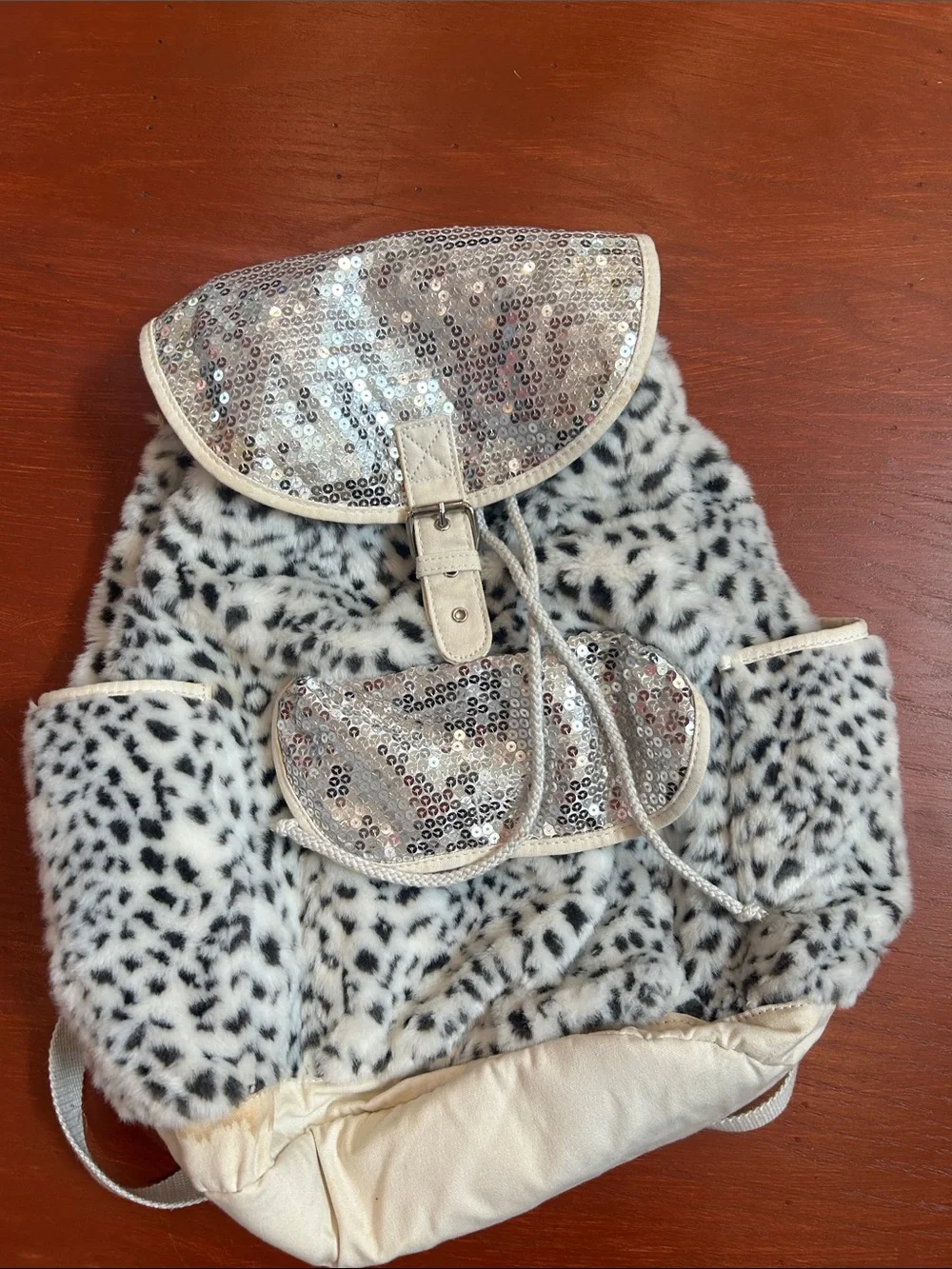 Girls White Faux Fur Leopard Backpack with Silver Sequin Accents